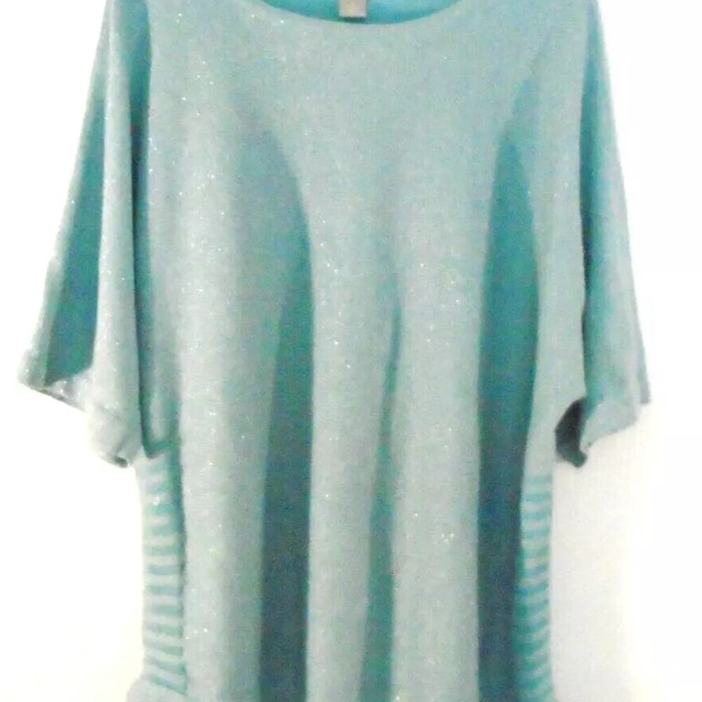 Chico's Sz 4 Plus US XXL Glitter Thread Aqua Lightweight Sweater Top 52" Chest